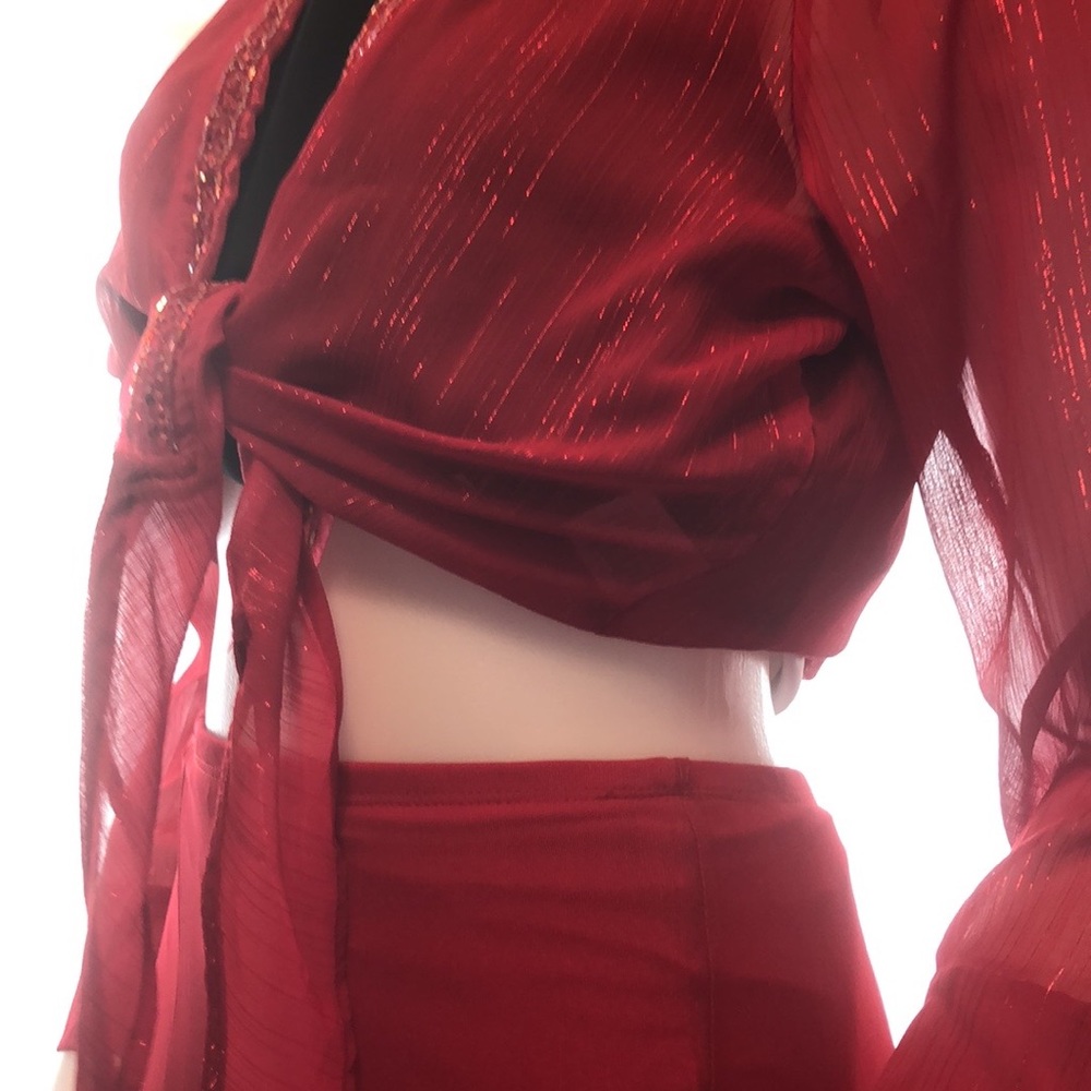 Sheer red Dinner jacket or day wear. Bead work is 100.Medium Tye up top